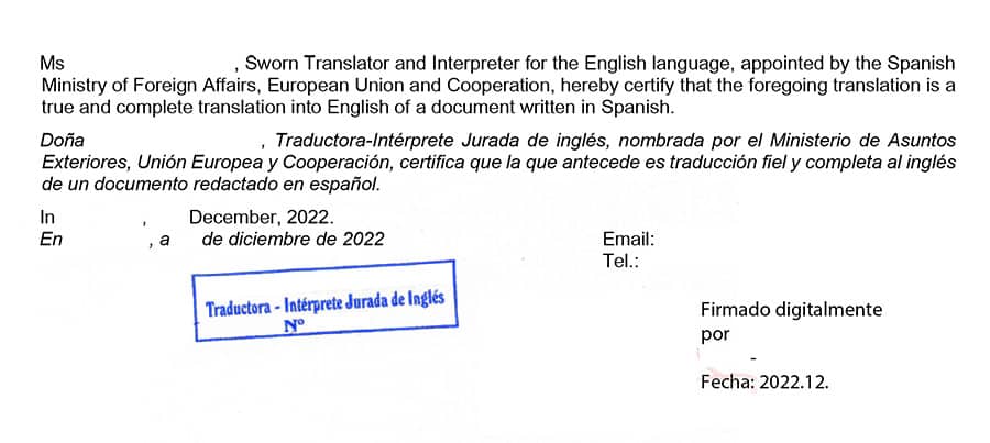 Certificação de uma tradução oficial de inglês feita em Tenerife