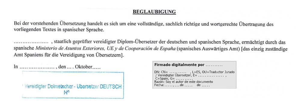 Zertifizierung einer geschwungenen Übersetzung mit Spanisch zur deutschen elektronischen Signatur