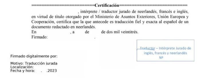 Certificación de un traductor jurado de neerlandés nombrado por el MAEC
