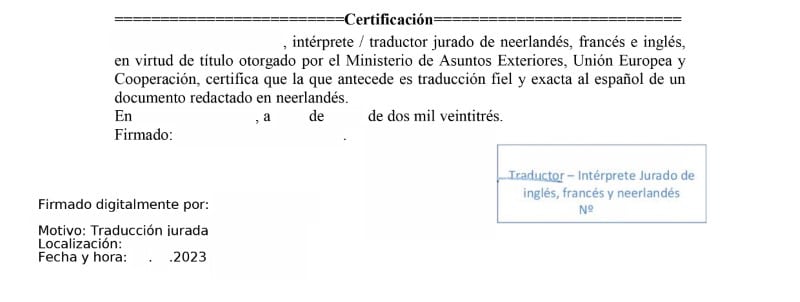 Certificação de uma tradução juramentada realizada em Jaén