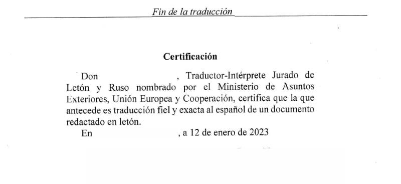 Certificado de un traductor jurado  hecha en Almadén de la Plata