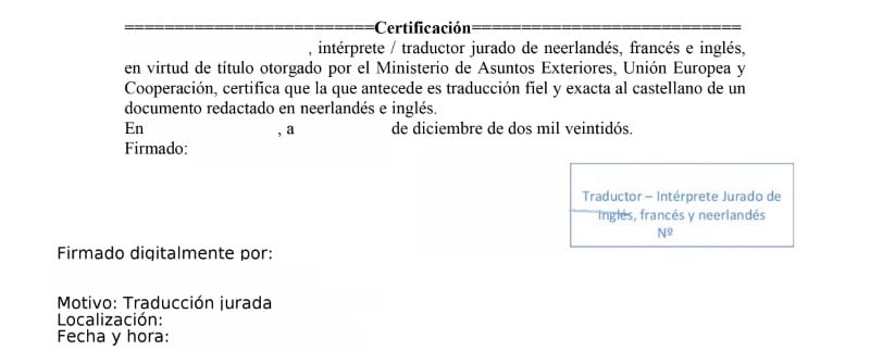 Certificado de una traducción jurada  hecha en Alcalá del Río